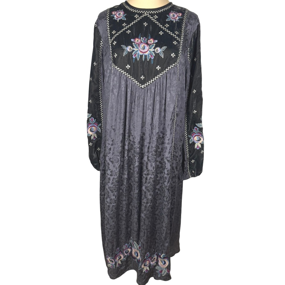 Zara Gray Folk Embroidered Jacquard Boho Midi Dress Velvet Sz XL EUC Whimsigoth